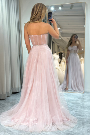 Pink Sparkly Strapless Tulle Corset Prom Dress with Slit
